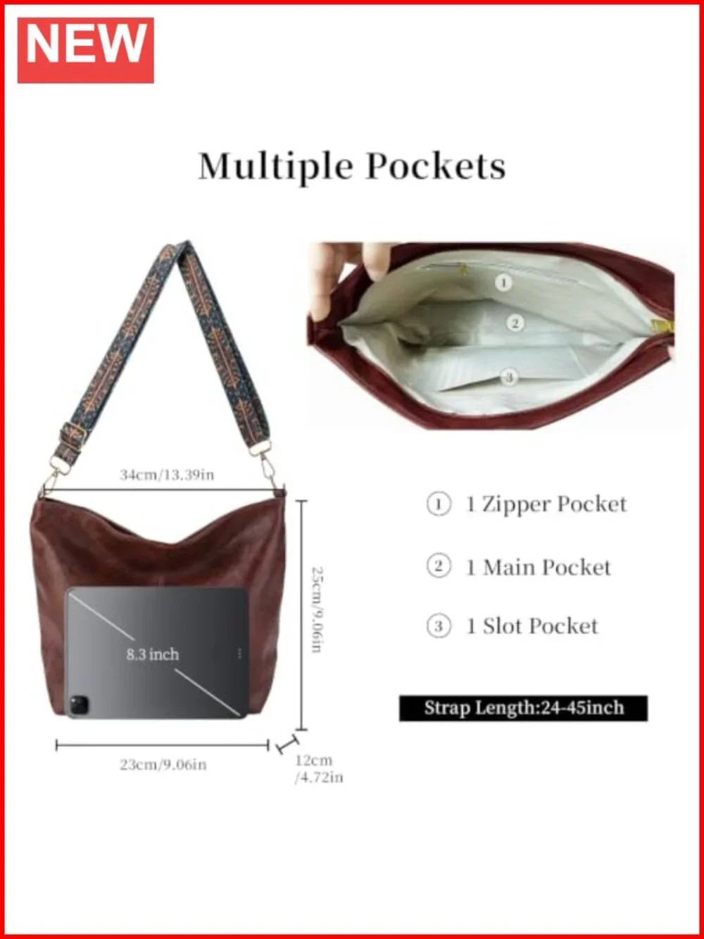 Vegan Leather Hobo Crossbody Bag with Adjustable Guitar Strap